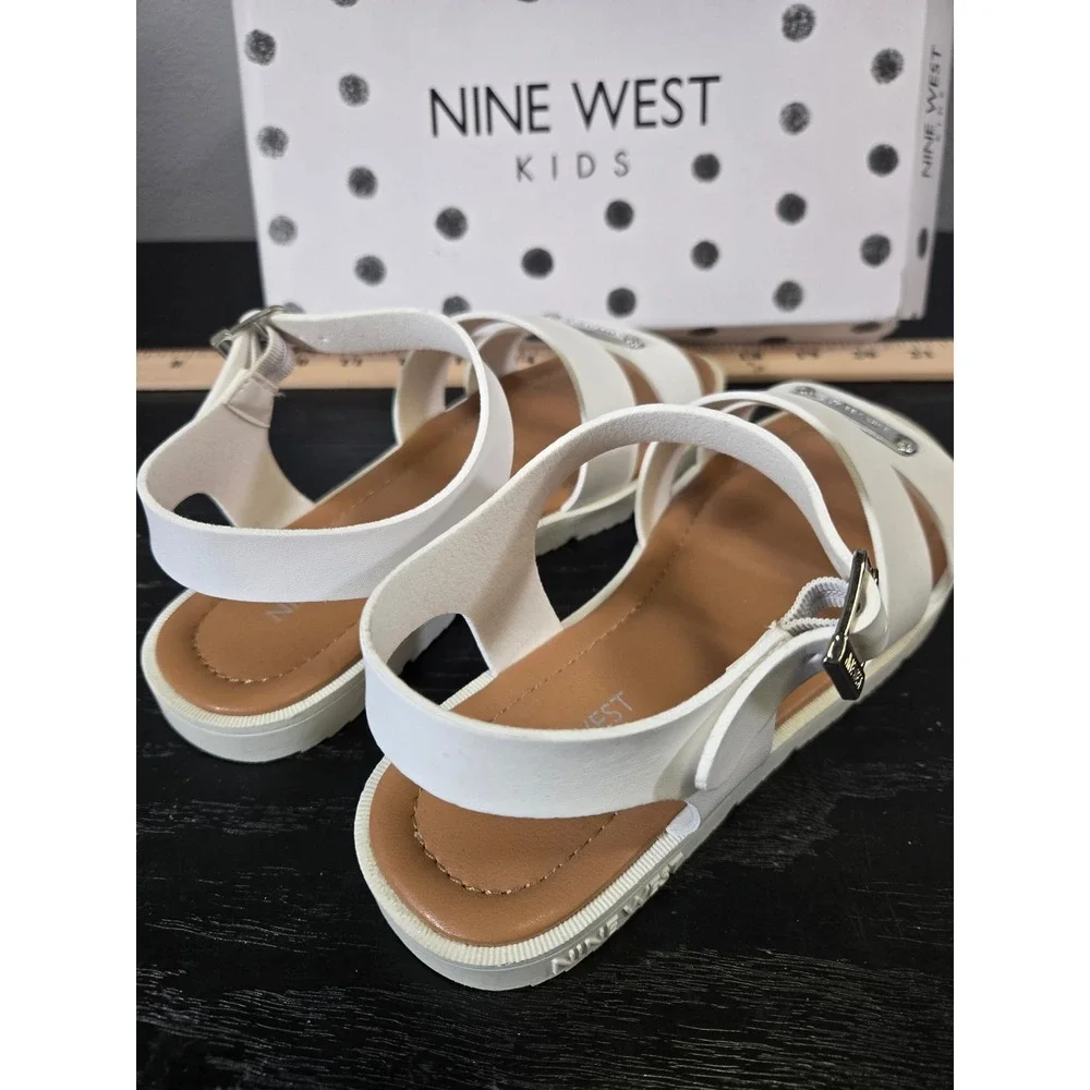 Nine West Kids White Triple Strap Logo Plate Buckle Sandals Size 3